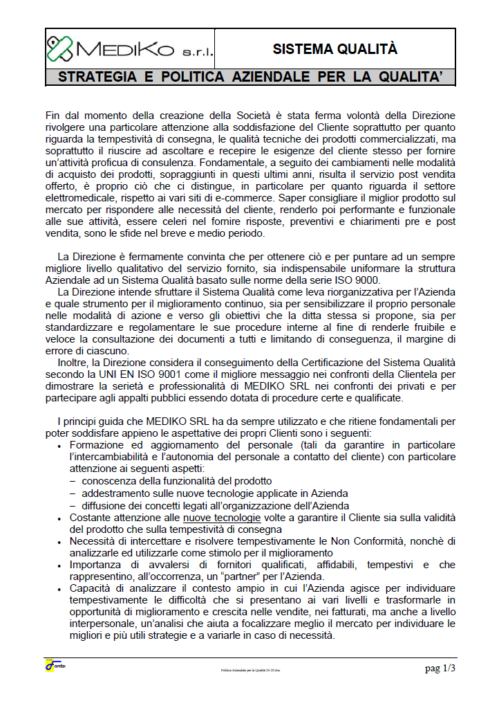Politica Aziendale per la Qualità